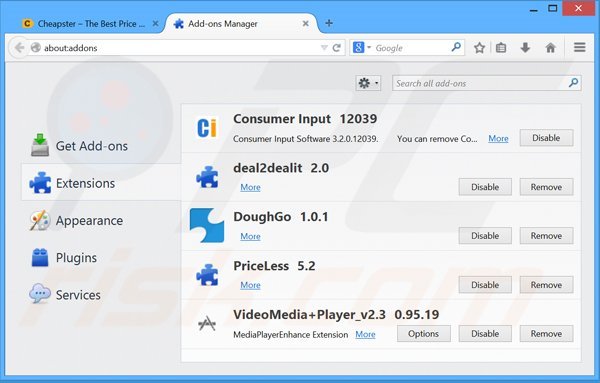 Eliminando los anuncios Cheapster de Mozilla Firefox paso 2