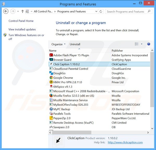 desinstalar el adware Click Caption del Panel de control