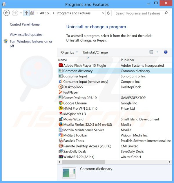 desinstalar el adware common dictionary del Panel de control