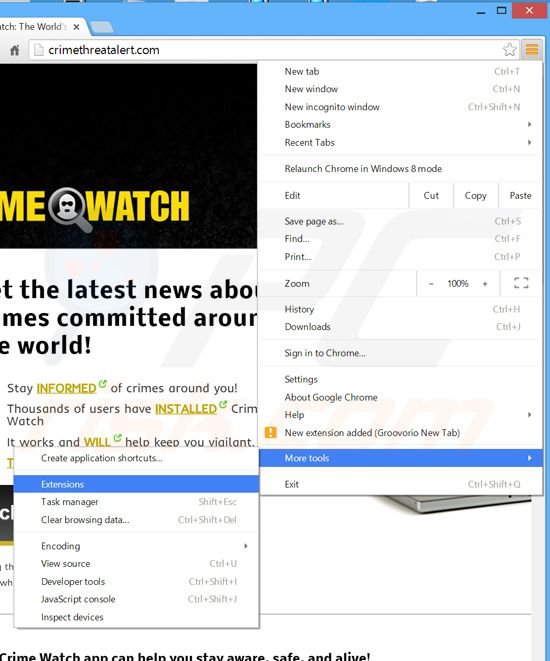 Eliminando los anuncios de Crime Watch de Google Chrome paso 1