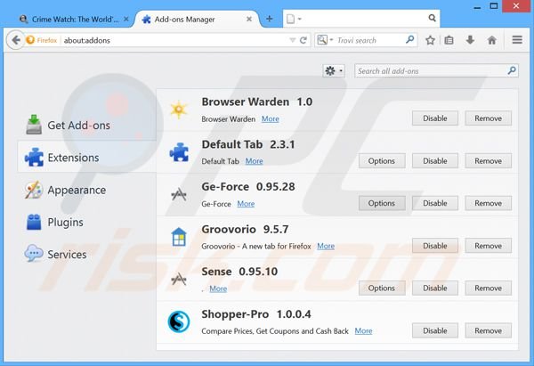 Eliminando los anuncios de Crime Watchde Mozilla Firefox paso 2