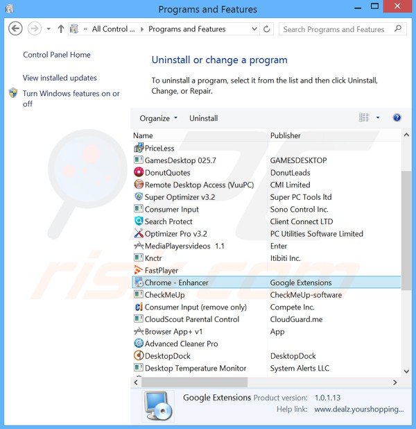 desinstalar el adware Dealz del Panel de control