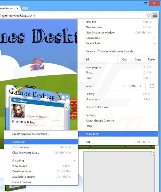 Eliminando las extensiones relacionadas con games desktop de Google Chrome paso 1