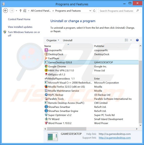 desinstalar el adware games-desktop del Panel de control