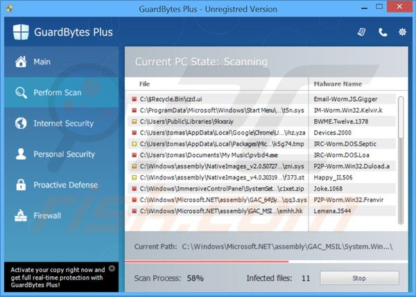 El falso antivirus guardbytes plus realizando un falso análisis de seguridad en el equipo