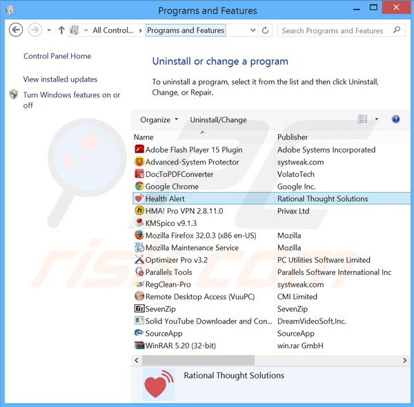 desinstalar el adware health alert del Panel de control