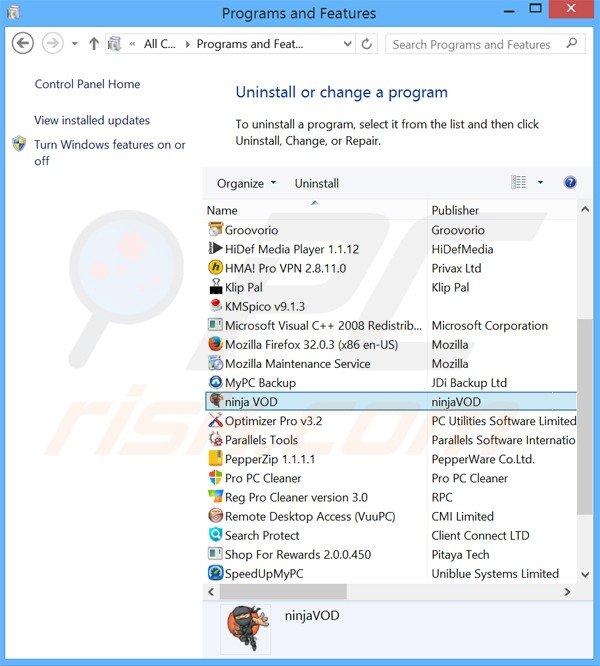 desinstalar el adware ninjavod del Panel de control