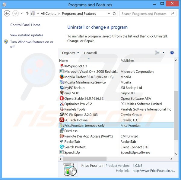 desinstalar el adware pricefountain del Panel de control