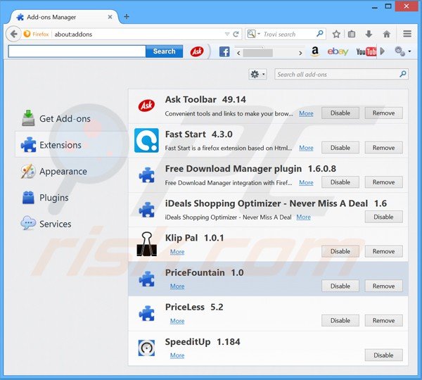 Eliminando los anuncios pricefountain de Mozilla Firefox paso 2