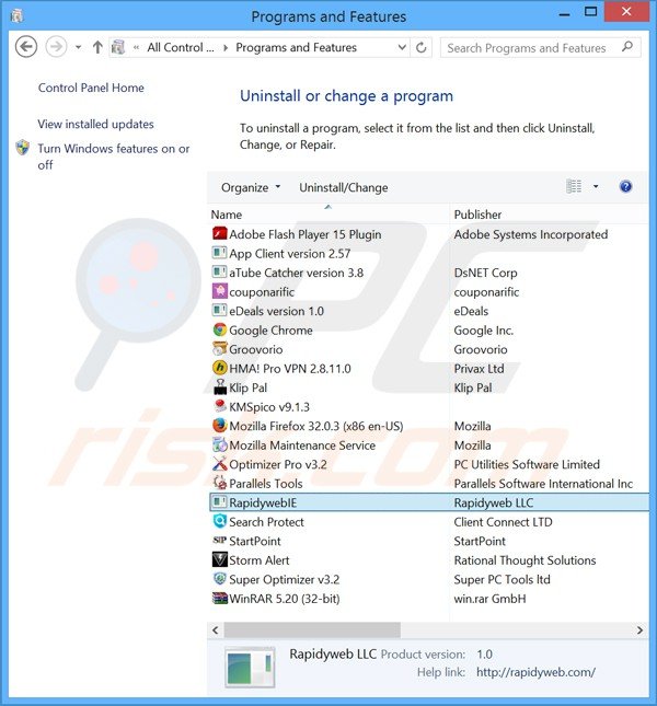 desinstalar el adware rapidywebie del Panel de control