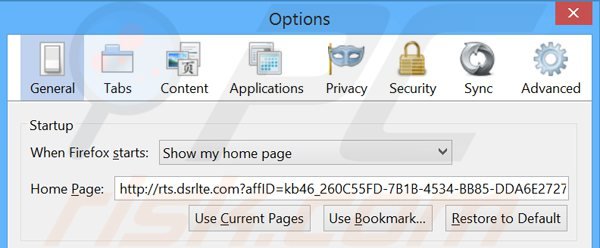 Eliminando rts.dsrlte.com de la página de inicio de Mozilla Firefox