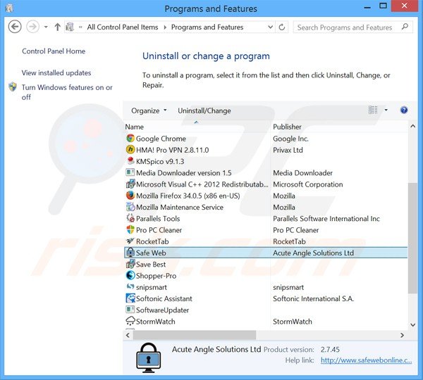 desinstalar el adware Safe Web del Panel de control