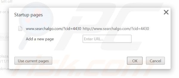 Eliminando Searchalgo.com de la página de inicio de Google Chrome