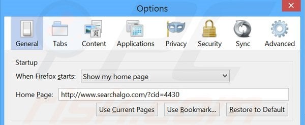 Eliminando Searchalgo.com de la página de inicio de Mozilla Firefox