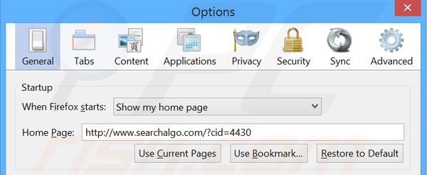 Eliminando Searchalgo.com de la página de inicio de Mozilla Firefox