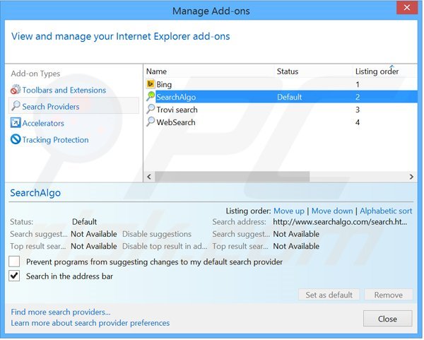 Eliminar Searchalgo.com del motor de búsqueda por defecto de Internet Explorer
