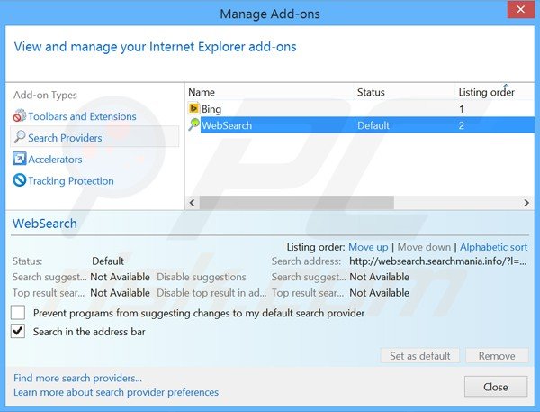 Eliminar websearch.searchmania.info del motor de búsqueda por defecto de Internet Explorer