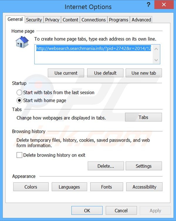 Eliminando websearch.searchmania.info de la página de inicio de Internet Explorer