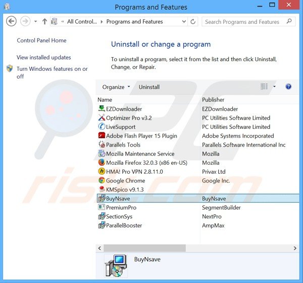 Cómo desinstalar las aplicaciones vinculadas con websearch.searchmania.info a través del Panel de control.