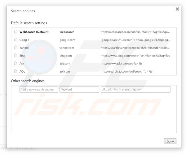 Eliminando searchoholic de la configuración del motor de búsqueda por defecto de Google Chrome