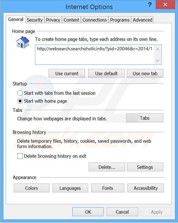 Eliminando websearch.searchoholic.info de la página de inicio de Internet Explorer