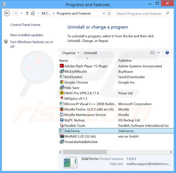 desinstalar el adware sideterms del Panel de control