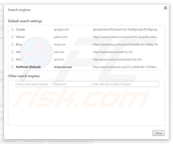 Eliminando search.strtpoint.com del motor de búsqueda por defecto de Google Chrome
