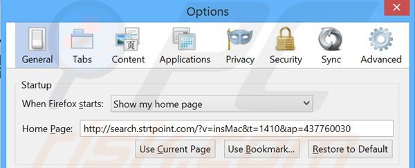 Eliminando search.strtpoint.com de la página de inicio de Mozilla Firefox