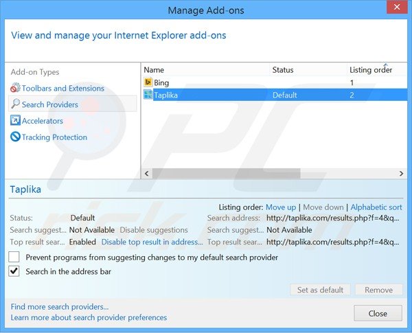 Eliminar taplika.com del motor de búsqueda por defecto de Internet Explorer