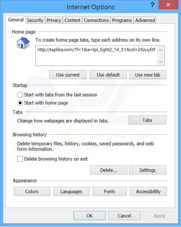 Eliminando taplika.com de la página de inicio de Internet Explorer
