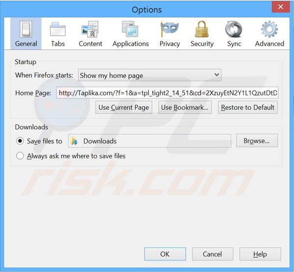 Eliminando taplika.com de la página de inicio de Mozilla Firefox