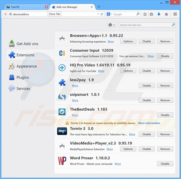 Eliminando los anuncios TornPlusTV de Mozilla Firefox paso 2