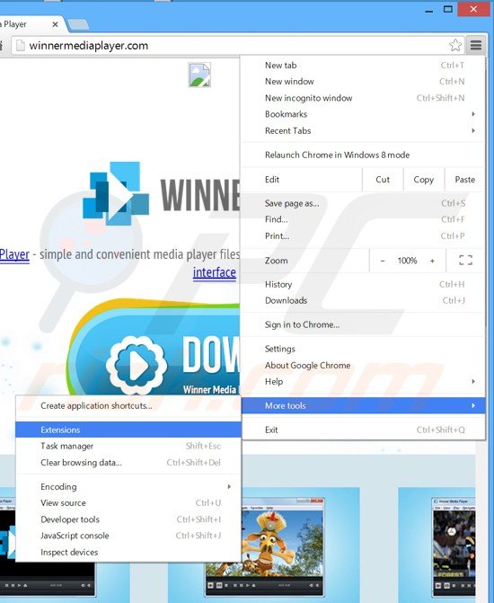 Eliminando los anuncios de Winner Media Player de Google Chrome paso 1