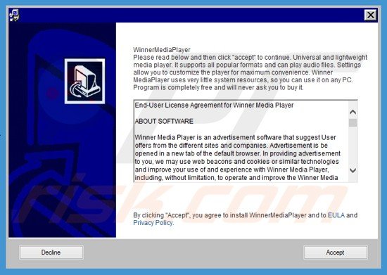 Instalador engañoso de programas gratuitos usado para distribuir el software publicitario Winner Media Player: