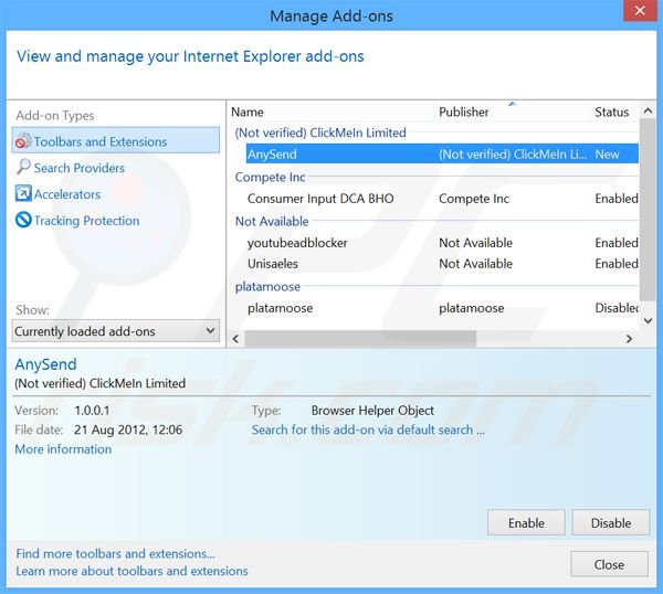 Eliminando los anuncios de AnySend de Internet Explorer paso 2