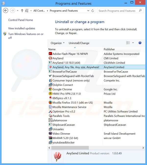 desinstalar el adware AnySend del Panel de control