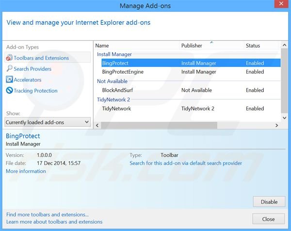 Eliminando las extensiones relacionadas con BingProtect en Internet Explorer