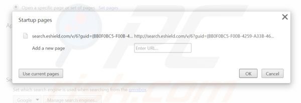 Eliminando search.eshield.com de la página de inicio de Google Chrome