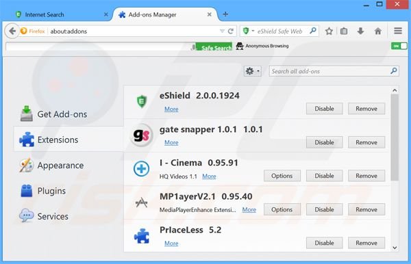 Eliminando search.eshield.com de las extensiones de Mozilla Firefox