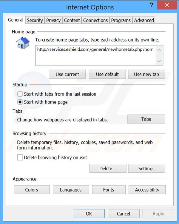 Eliminando search.eshield.com de la página de inicio de Internet Explorer
