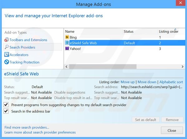 Eliminar search.eshield.com del motor de búsqueda por defecto de Internet Explorer