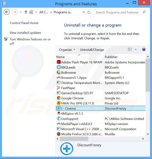 desinstalar el adware I-Cinema del Panel de control