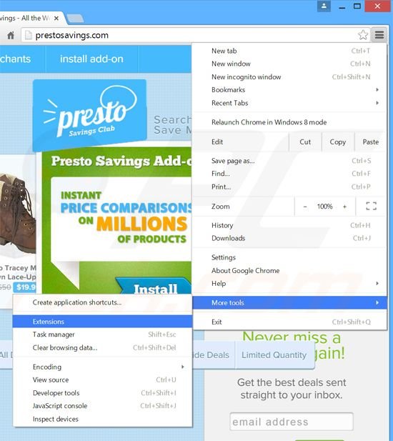Eliminando los anuncios de Presto Savings de Google Chrome paso 1
