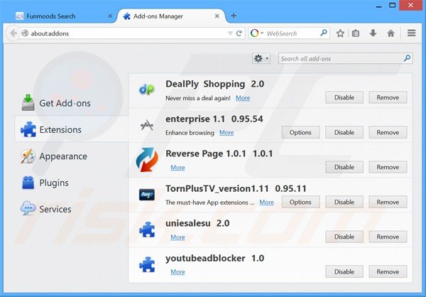 Eliminando searchfunmoods.com de las extensiones de Mozilla Firefox