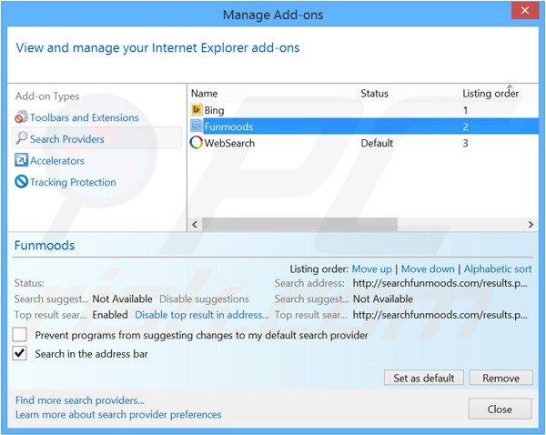 Eliminar searchfunmoods.com del motor de búsqueda por defecto de Internet Explorer
