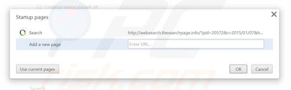 Eliminando websearch.thesearchpage.info de la página de inicio de Google Chrome