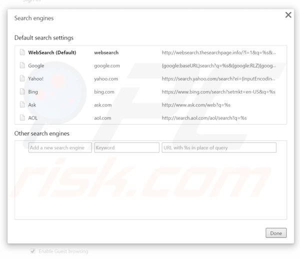 Eliminando websearch.thesearchpage.info del motor de búsqueda por defecto de Google Chrome