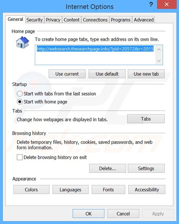 Eliminando websearch.thesearchpage.info de la página de inicio de Internet Explorer