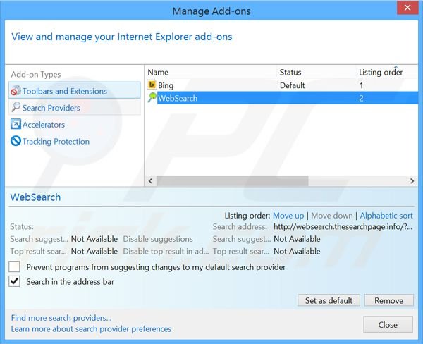 Eliminar websearch.thesearchpage.info del motor de búsqueda por defecto de Internet Explorer