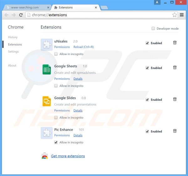 Eliminando las extensiones relacionadas con www-searching.com de Google Chrome